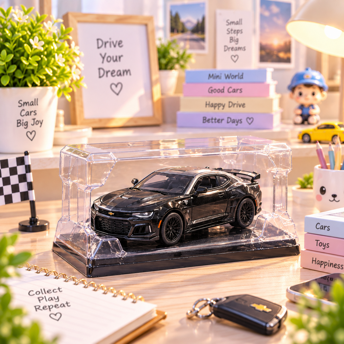 Black Chevrolet Camaro die-cast model car in premium display case