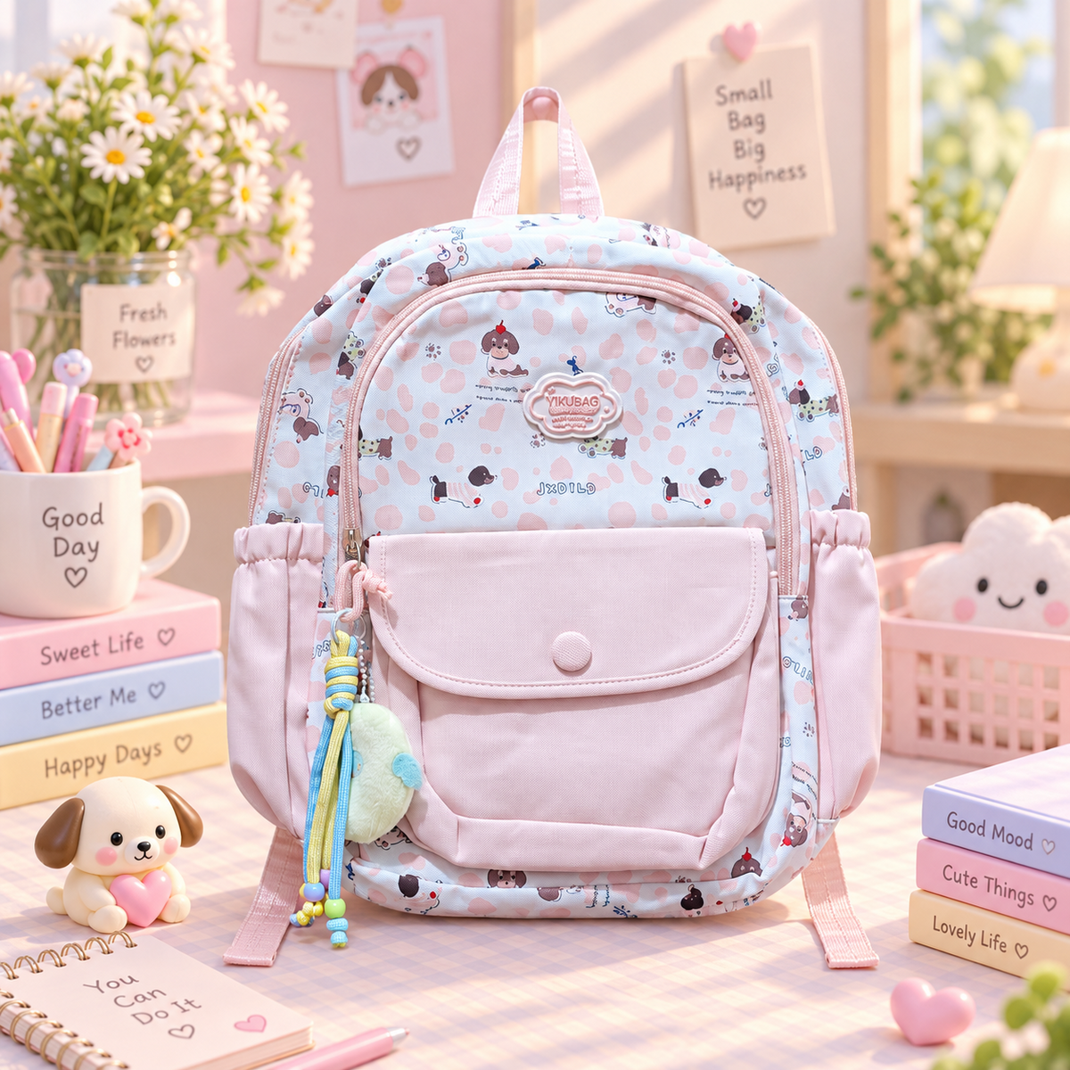 Kawaii pink dog backpack lifestyle