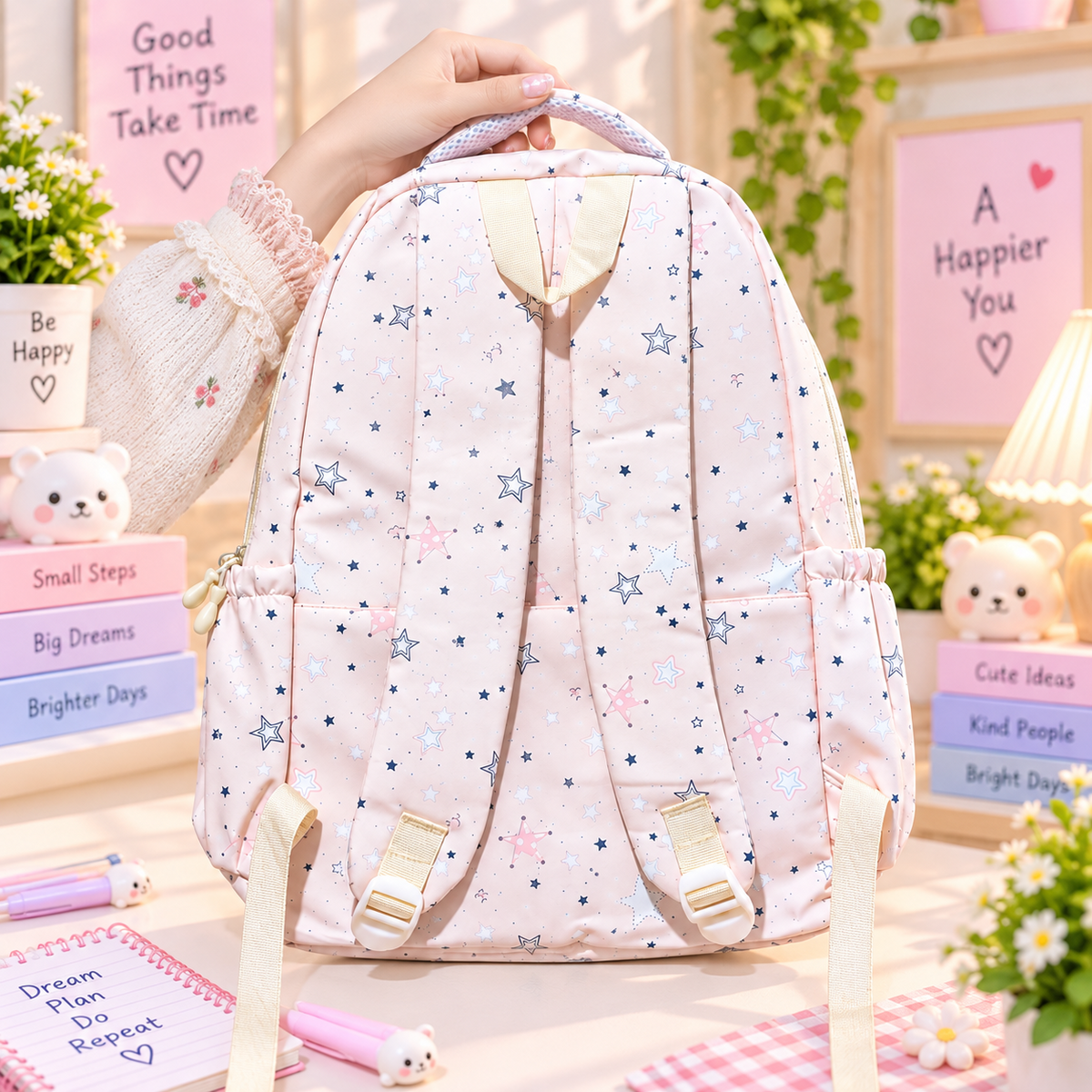 Kawaii pink backpack back view