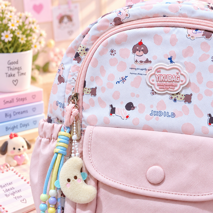 Kawaii pink dog backpack detail