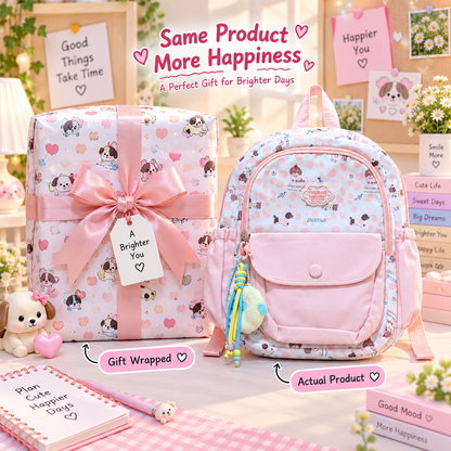 Kawaii pink backpack gift wrapped and actual product
