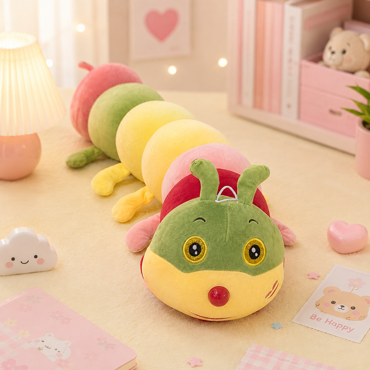 Kawaii Rainbow Caterpillar Plush - desk scene