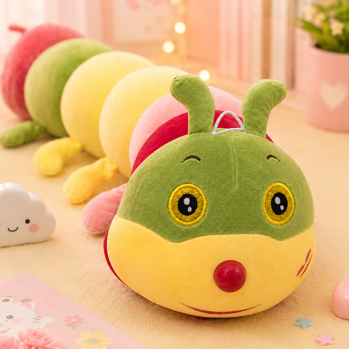 Kawaii Rainbow Caterpillar Plush - close-up face