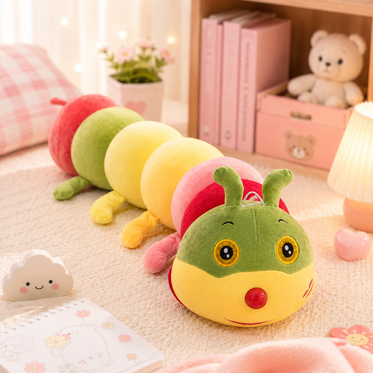 Kawaii Rainbow Caterpillar Plush - bookshelf scene