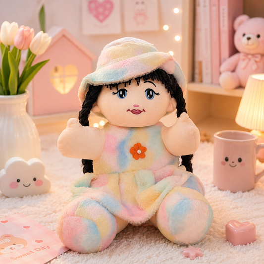 Kawaii Tie-Dye Rag Doll Plush - floor scene with lamp