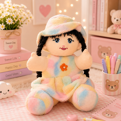 Kawaii Tie-Dye Rag Doll Plush - desk scene gingham