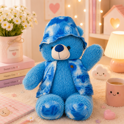 Kawaii Tie-Dye Teddy Bear Plush - desk scene