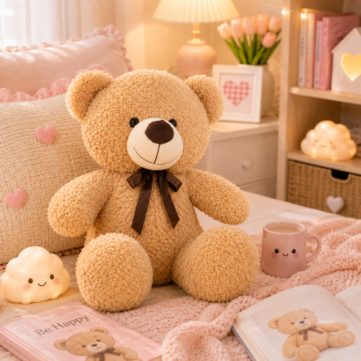 Classic Bow Tie Teddy Bear Plush - bedroom scene