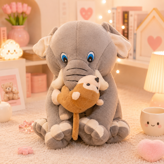 Baby Elephant Plush Toy with Monkey - front view