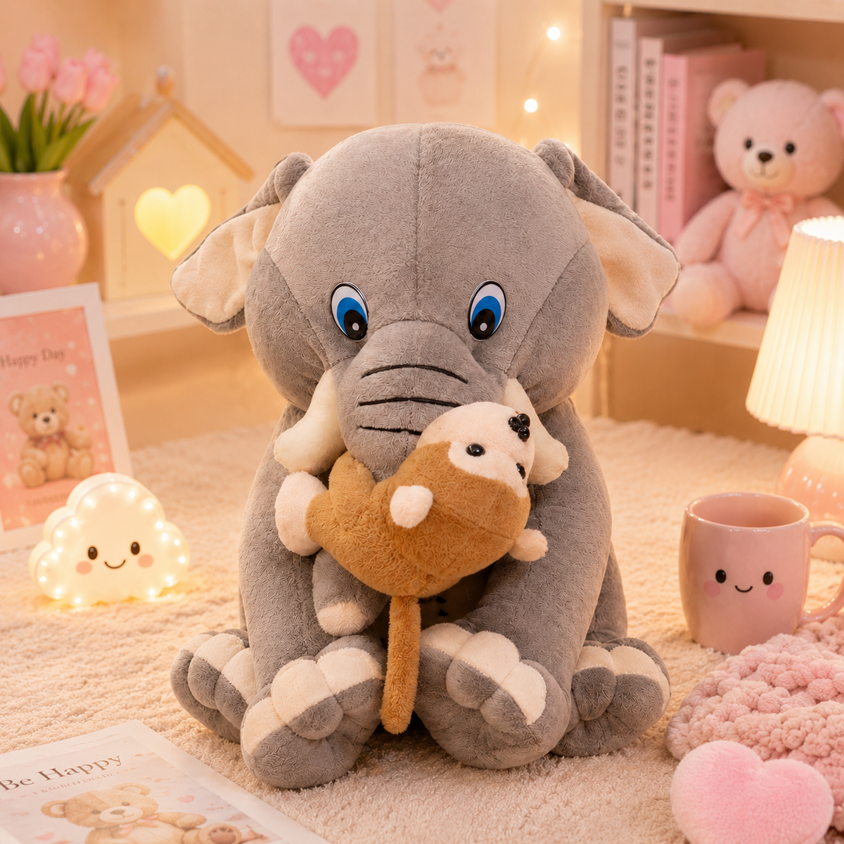 Baby Elephant Plush Toy with Monkey - front view 2