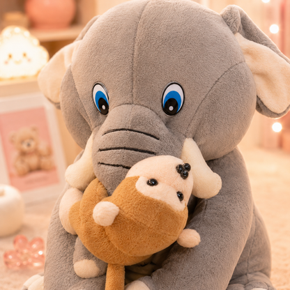 Baby Elephant Plush Toy with Monkey - close-up face