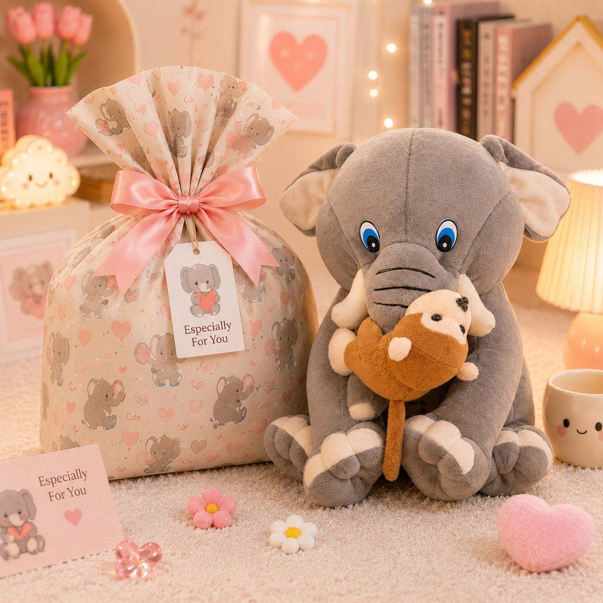 Baby Elephant Plush Toy with Monkey - with gift bag packaging