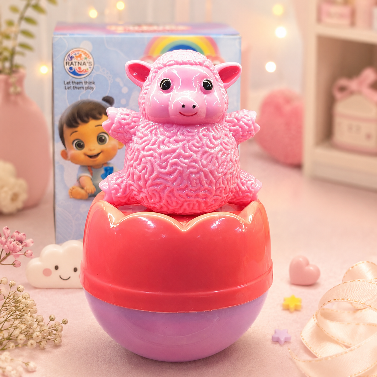 Kawaii Pink Lamb Roly Poly Wobble Toy with packaging box