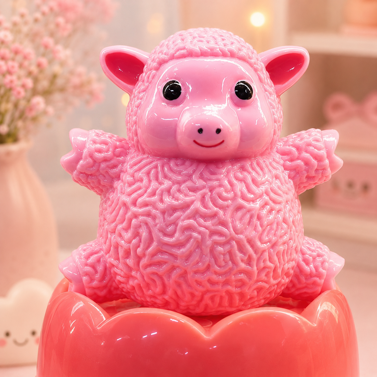 Kawaii Pink Lamb Roly Poly Wobble Toy close-up face