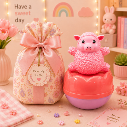 Kawaii Pink Lamb Roly Poly Wobble Toy gift box packaging scene
