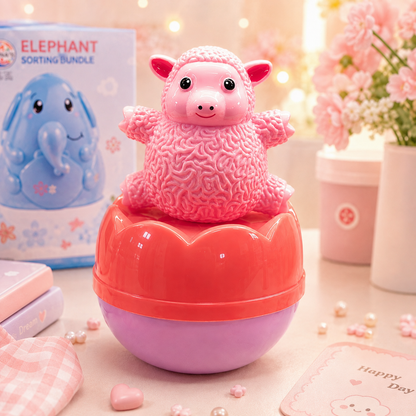 Kawaii Pink Lamb Roly Poly Wobble Toy desk scene