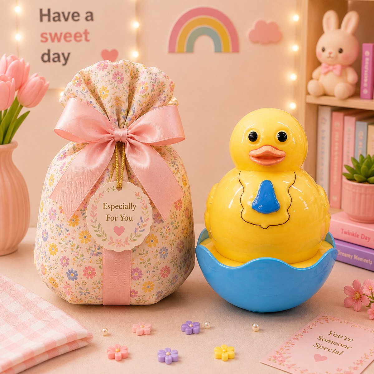 Kawaii Duck Roly Poly Wobble Toy gift box packaging scene