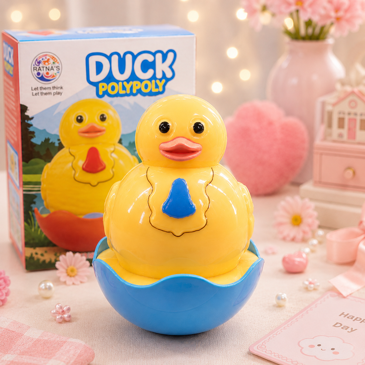 Kawaii Duck Roly Poly Wobble Toy desk scene