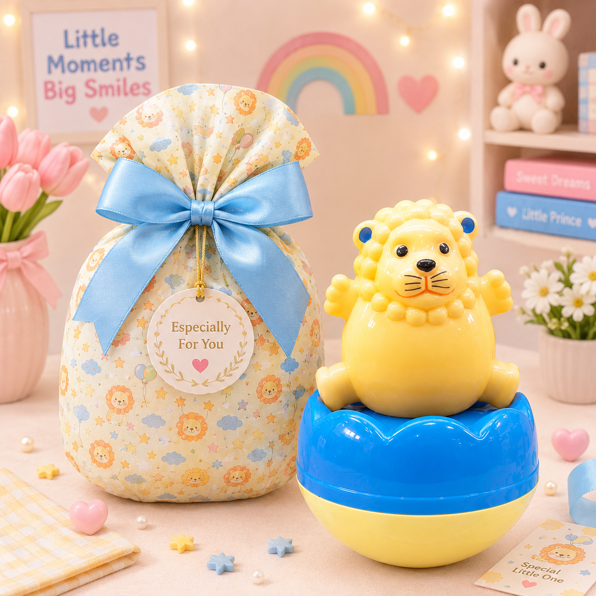 Kawaii Leo Lion Roly Poly Wobble Toy gift box packaging scene