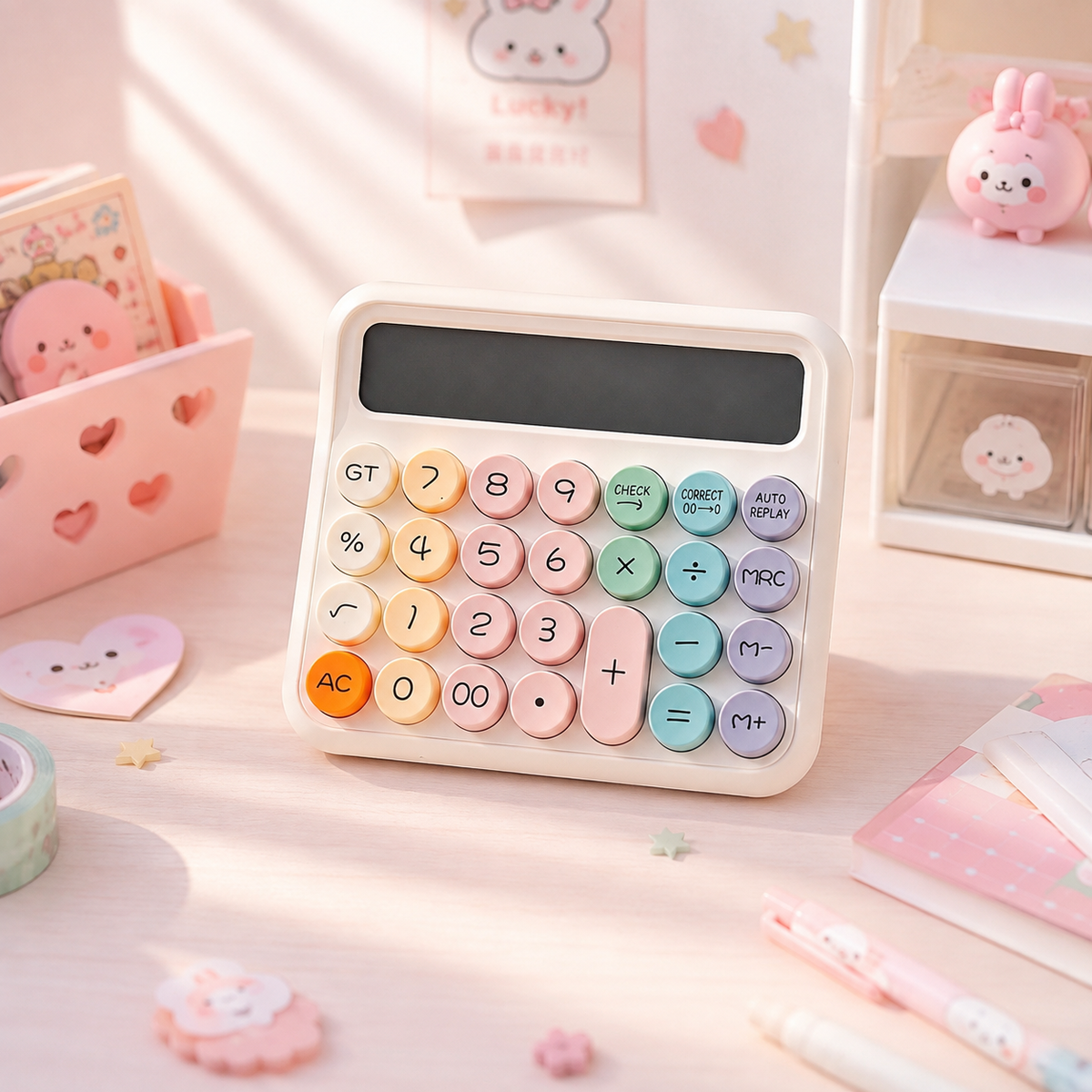 Pastel Round Button Calculator - angled desk view