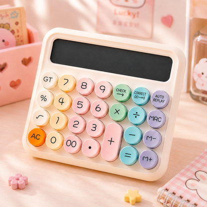 Pastel Round Button Calculator - close-up angled detail