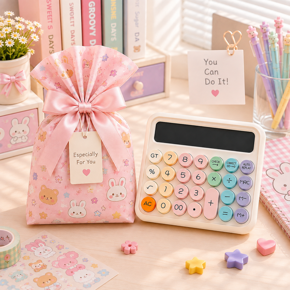Pastel Round Button Calculator - gift bag packaging scene