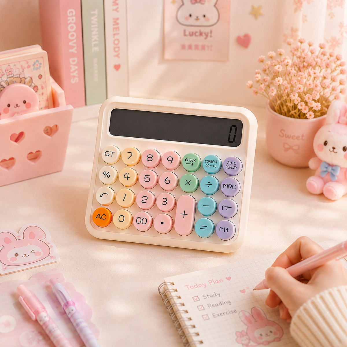 Pastel Round Button Calculator - desk scene with notebook