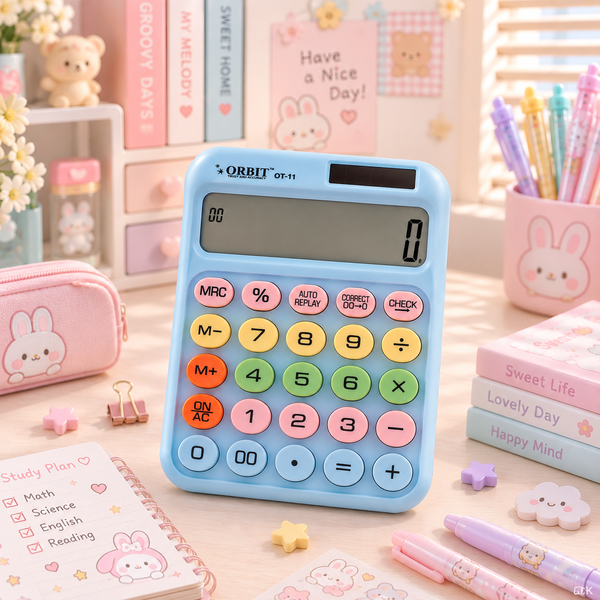 ORBIT OT-11 Calculator - desk scene with study plan notebook