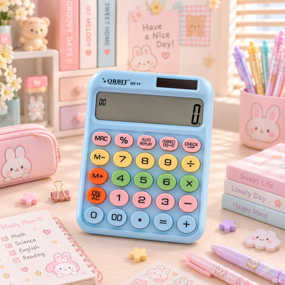 ORBIT OT-11 Calculator - desk scene with study plan notebook