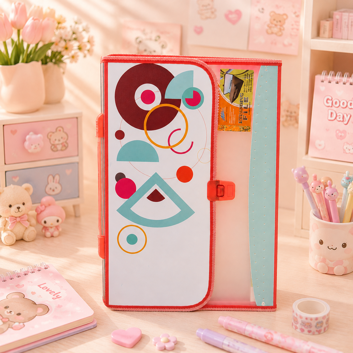 Geometric Print Accordion File Organizer - alternate desk scene