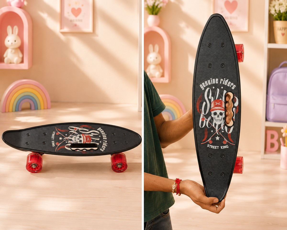 Street King Skull Skateboard - side view and held in hand