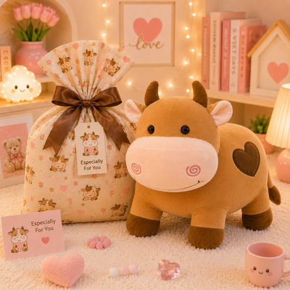 Kawaii Cow Plush Toy - with gift bag packaging