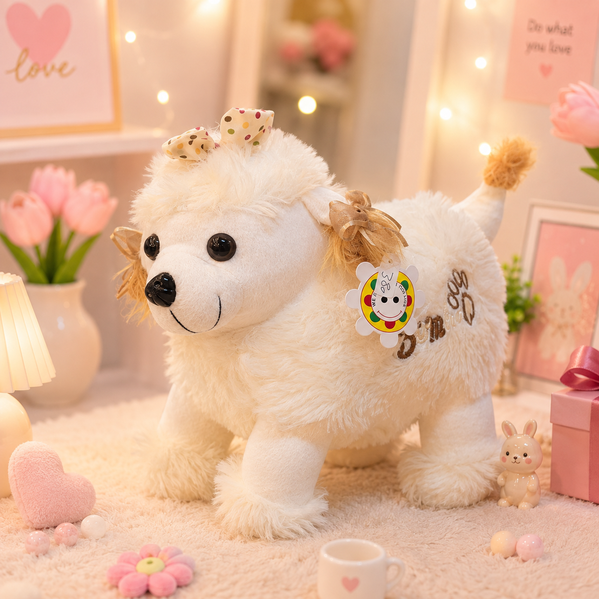 Fluffy Poodle Puppy Plush - desk scene with gift box