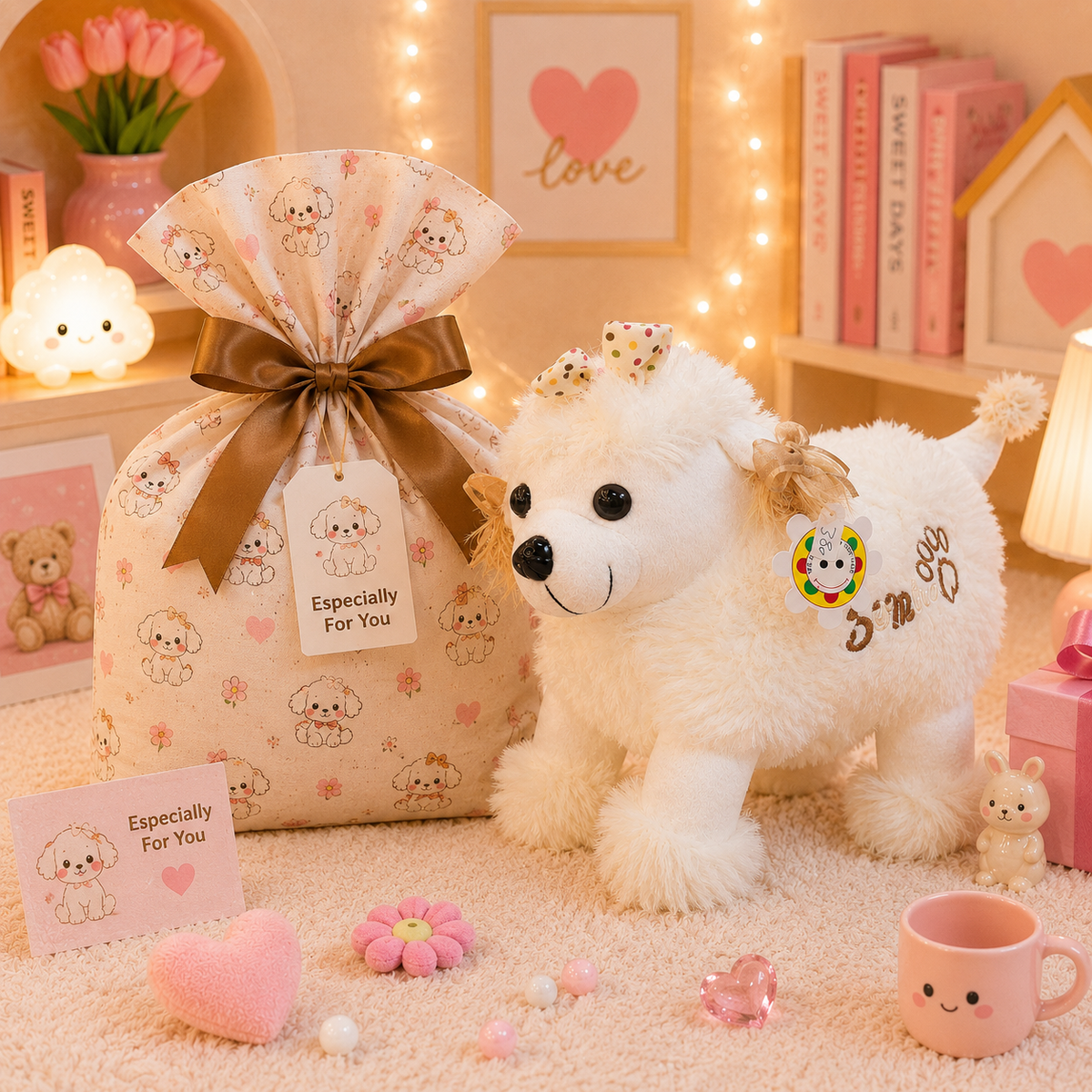 Fluffy Poodle Puppy Plush - with gift bag packaging