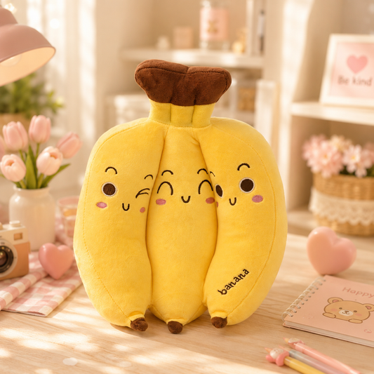 Kawaii Banana Bunch Plush - desk scene front view