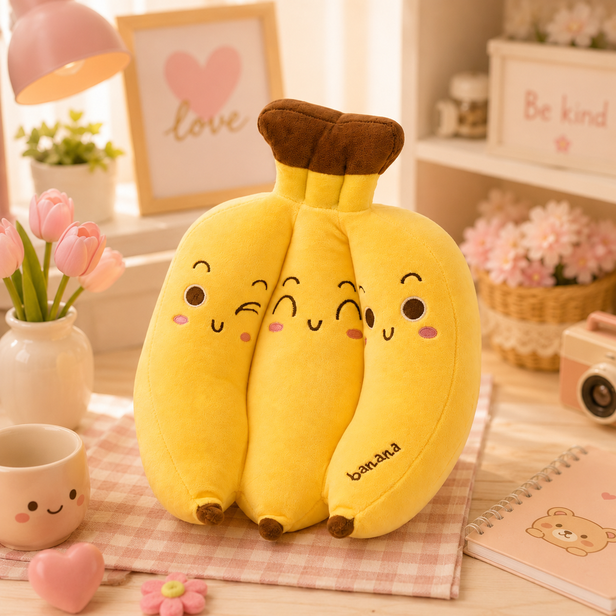 Kawaii Banana Bunch Plush - desk scene with love decor
