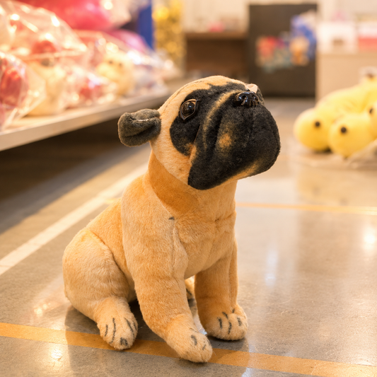 Realistic Pug Puppy Plush - front view store shelf
