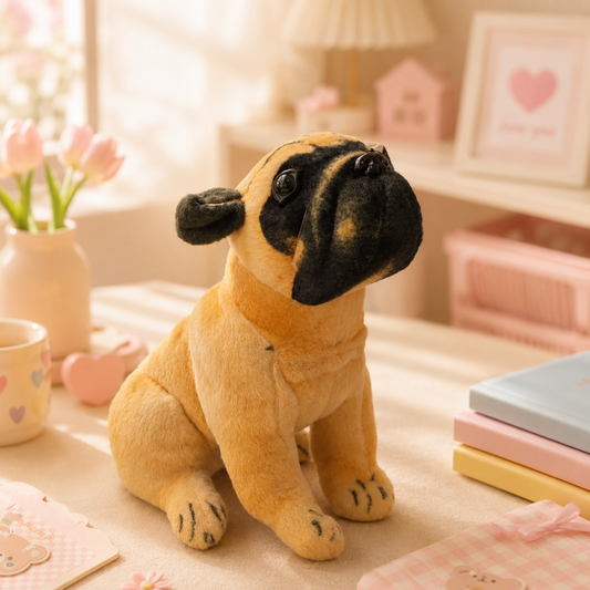 Realistic Pug Puppy Plush - desk scene with tulips