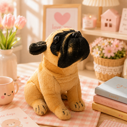 Realistic Pug Puppy Plush - desk scene with love decor