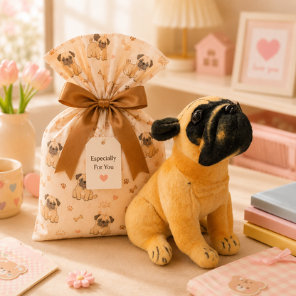 Realistic Pug Puppy Plush - gift bag packaging scene