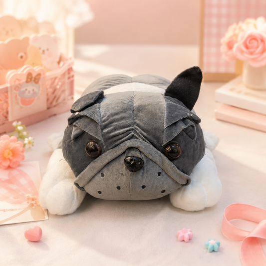 French Bulldog Lying Plush - pink desk scene with ribbon