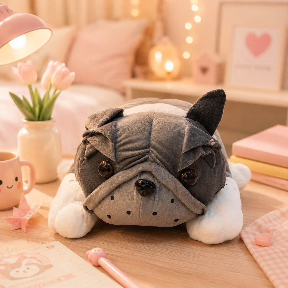 French Bulldog Lying Plush - desk scene with tulips
