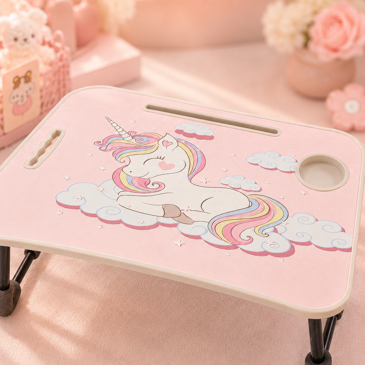 Unicorn Foldable Bed Tray Table - close-up angled detail