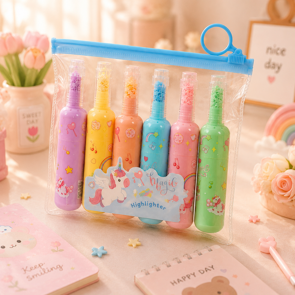 Magic Unicorn Highlighter Set - desk scene with tulips