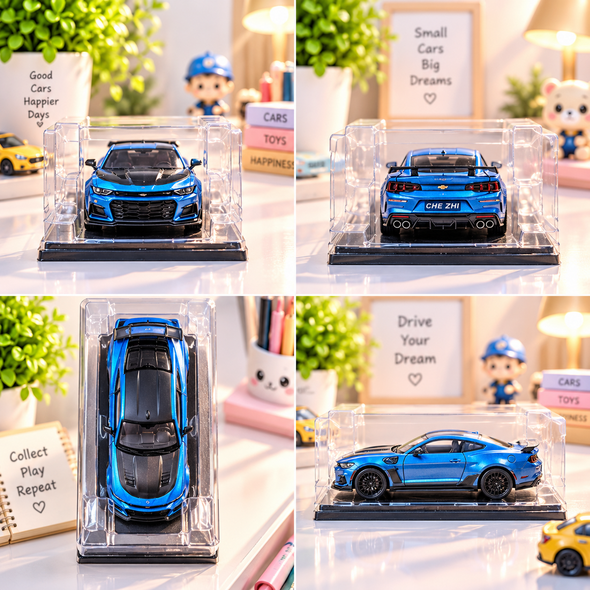 Blue Chevrolet Camaro die-cast car — front and rear detail collage