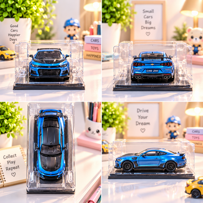 Blue Chevrolet Camaro die-cast car — front and rear detail collage