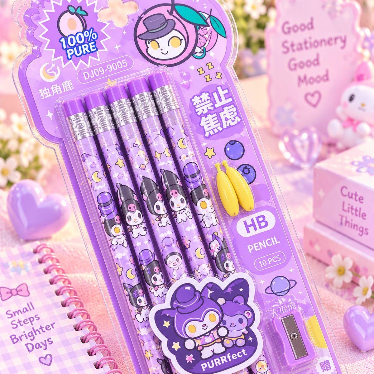 Cute 10 piece HB pencil set purple Kuromi-style character close-up