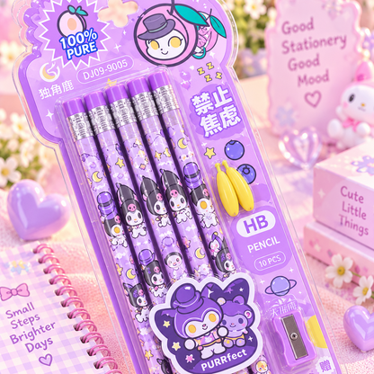 Cute 10 piece HB pencil set purple Kuromi-style character close-up