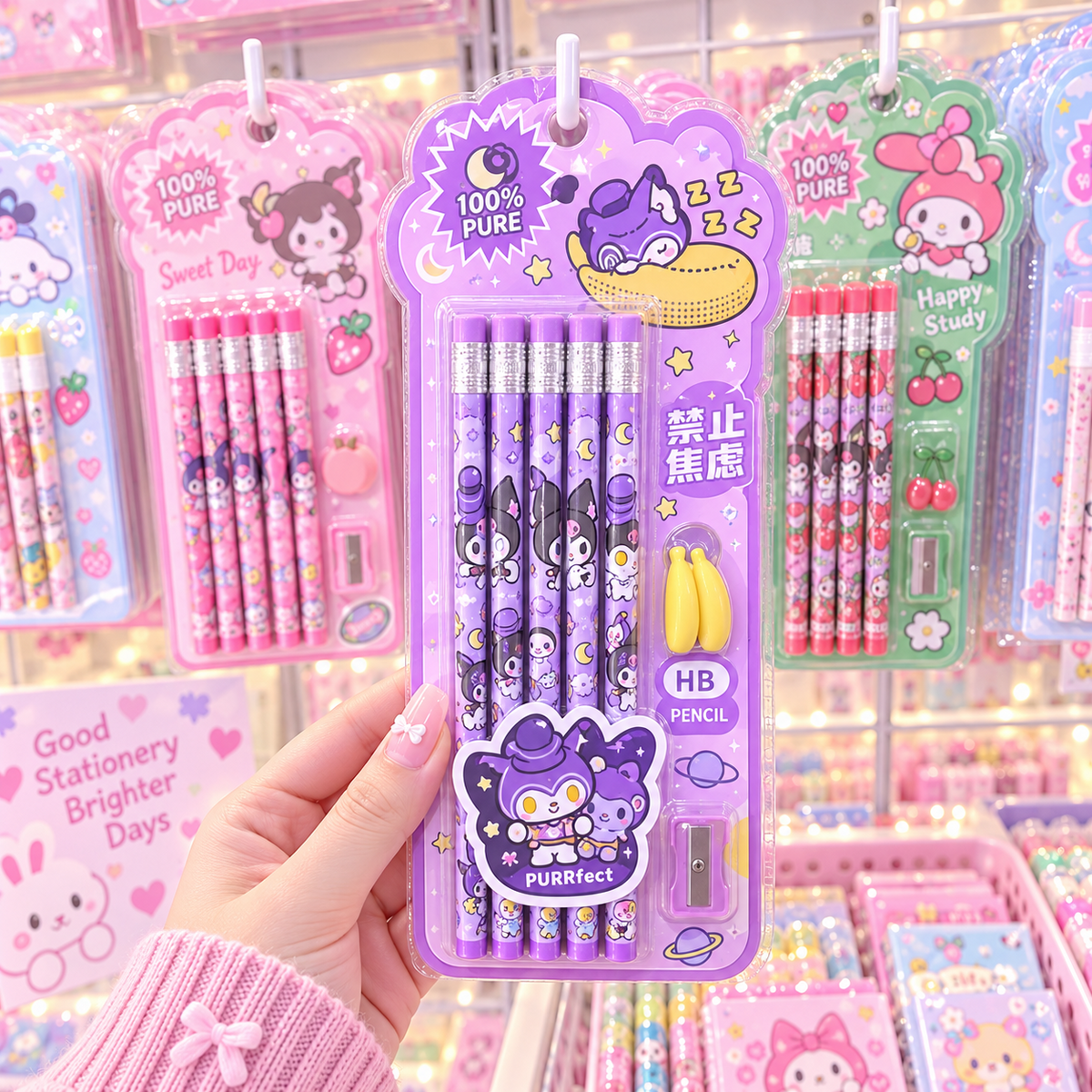 Cute 10 piece HB pencil set purple Kuromi-style character hero