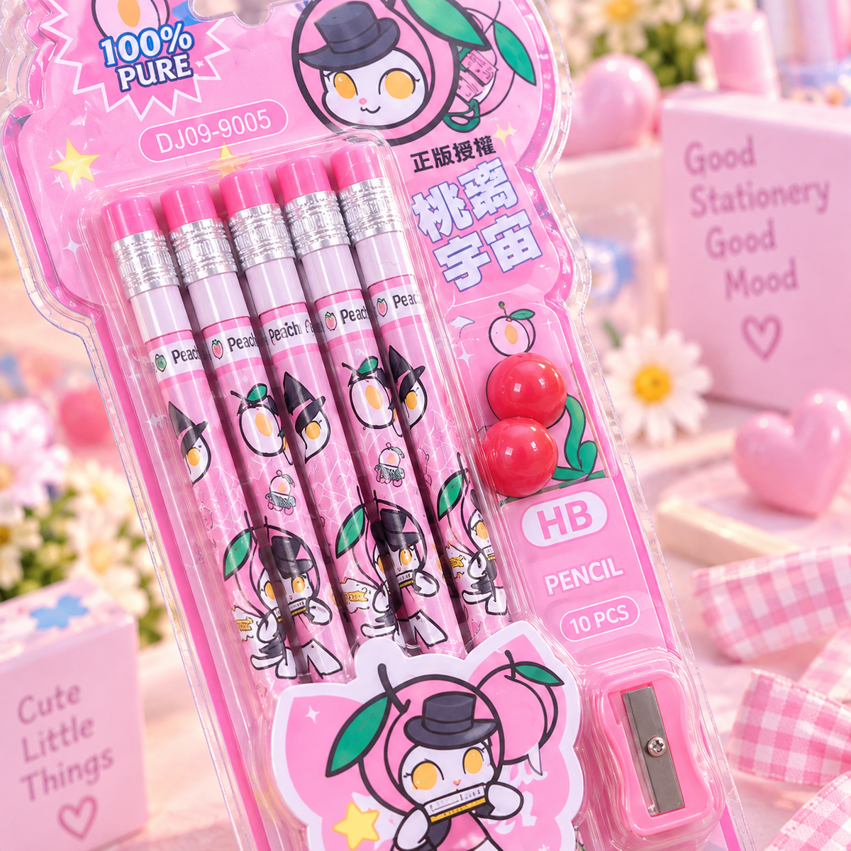 Cute 10 piece HB pencil set peach character design close-up